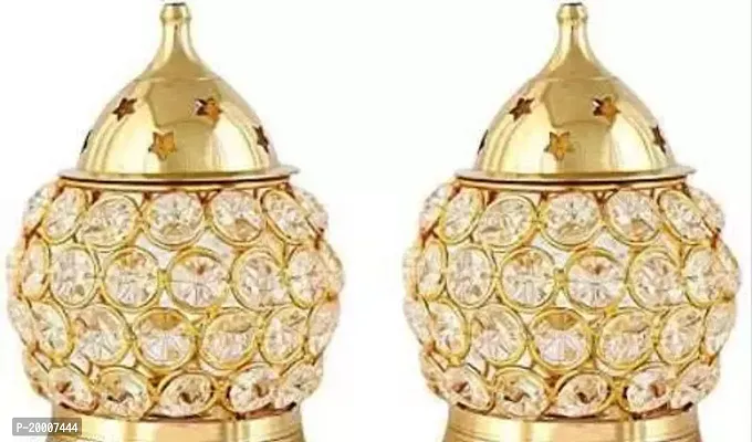 Traditional Set Of 2 Akhand Diya Decorative Brass Crystal Oil Lamp T Light Holder Lantern Oval Shape Diya for Puja and Festival Decoration Diwali Gifts Home Decor Puja Lamp-thumb3