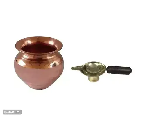 Copper Glass Tumblers Leak Proof Seamless 350 Ml with Stand with Brass Table Oil Ghee Lamp Puja (1 No Small Size) Diya with Long Wooden Handle for Puja Purpose