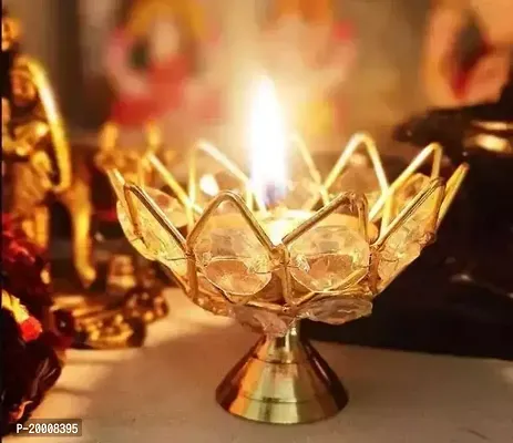 Brass Bowl Crystal Diya Small Round Shape Kamal Deep Akhand Jyoti Oil Lamp for Puja and Home Decor (L-8cm, B-7cm, H-5cm)