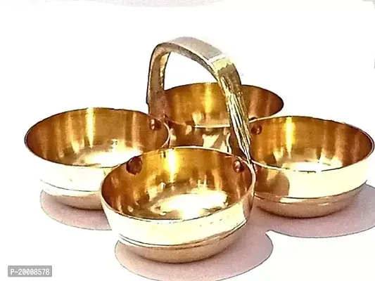 Brass Small Brass Puja Roli Chawal, Elaichi, Mishri 4 Bowl Stand/Brass Chowmukh Haldi Kumkum Holder 4 Bowl Holder Patra for Home Temple-thumb4