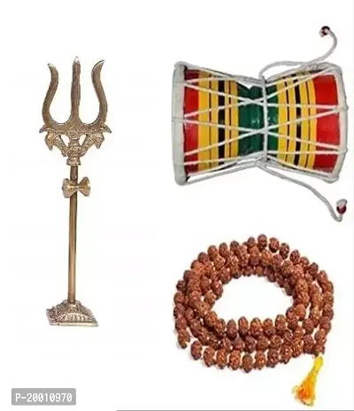 Shivratri Saawan Pooja Rudraksha Mala with Brass Lord Shiva Trishul and Handcrafted Wooden Shiv/ shiva Damru (Combo Pack of 1)-thumb0