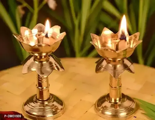 Set of 2 Pure Brass Diya for Puja Temaple Decoration, Lotus Shape Pillar Stand Oil Lamp Home Mandir Pooja Articles Decor Gifts Diya, Kuber Deepam, Deepak Height 4 Inch-thumb0