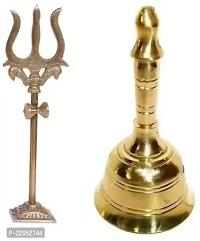 Combo Of Round Head Pooja Puja Bell Ghanti With Trishul,trident Damru with Stand Statue Brass  (Multicolor)