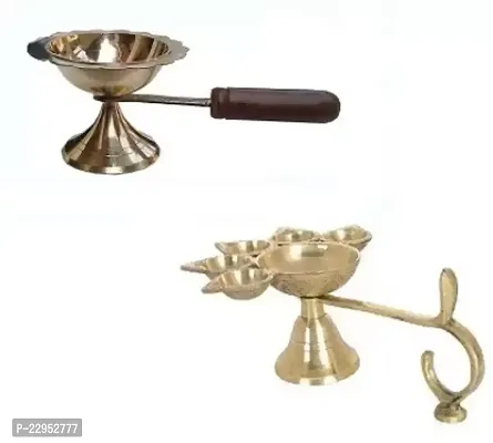 Combo of 5 Face Puja Camphor Burner Lamp Punch Aarti ( 1 No ) Diya With Brass Table Oil Ghee Lamp Puja ( 1 No Small Size ) Diya with Long Wooden Handle For Puja Purpose Brass  (Gold)
