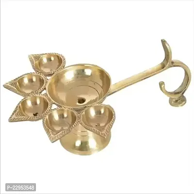 Brass Panch aarti Deepak/Five face aarti/Deepak Diya for Pooja Room/Panch Diya for Daily Pooja use/panchmukhi Diya for Pooja with Designer Curved Handle for Holding Brass Table Diya-thumb0