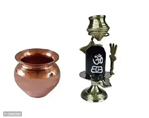 Copper (2 No Regular Size) Kalash Lota with Brass (No 1) Small Size Black Shiva Ling Lingam Shivling Statue for Puja Purpose