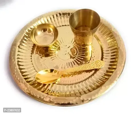Generic Laddu Gopal ji ke Bartan Small- 4 pcs Set - Brass Bhog Thali with Glass, Bowl and Spoon Puja Articles