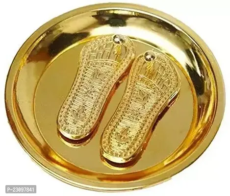 Golden Laxmi Charan Paduka for Laxmi with Plate and Diwali Pooja Decorative Showpiece - 4 cm-thumb0