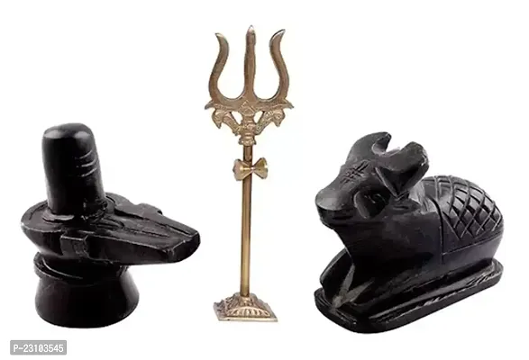 Marble Stone Black Nandi Shivling with Brass Trishul For Home Temple Puja Ghar Mandir Office-thumb0