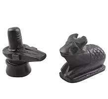Marble Stone Black Nandi Shivling with Brass Trishul For Home Temple Puja Ghar Mandir Office-thumb1
