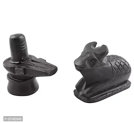 Marble Stone Black Nandi Shivling with Brass Trishul For Home Temple Puja Ghar Mandir Office-thumb2
