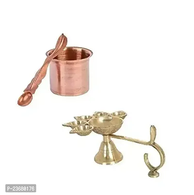 Combo of 5 Face Puja Camphor Burner Lamp Punch Aarti (2 No) Diya with Panch Patra Glass with Spoon