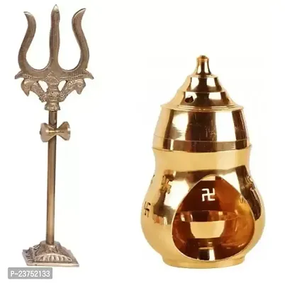 1 pcs Kapoor/camphor Diffuser Brass Diya, 1 Pcs Trishul,trident Damru with Stand Statue