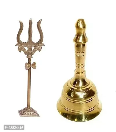 Combo Of Round Head Pooja Puja Bell Ghanti With Trishul,trident Damru with Stand Statue