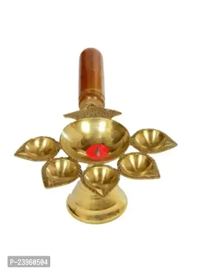 PANCHARTHI WOODEN HANDLE Aarti Brass Diya Oil Lamp Jyoti Puja-thumb0