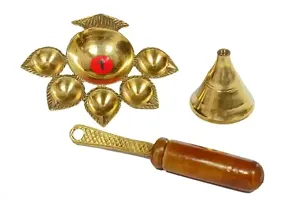 PANCHARTHI WOODEN HANDLE Aarti Brass Diya Oil Lamp Jyoti Puja-thumb1