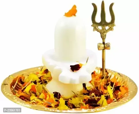 pack of 3 ps Shaligram White Shiva Ling Lingam Statue Hindu Puja Brass Plate with Stand Decorative Pooja Thali Shivling-thumb0