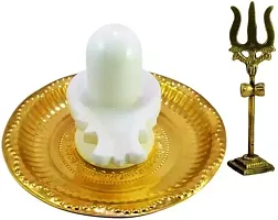 pack of 3 ps Shaligram White Shiva Ling Lingam Statue Hindu Puja Brass Plate with Stand Decorative Pooja Thali Shivling-thumb1