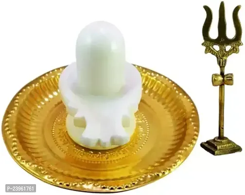 pack of 3 ps Shaligram White Shiva Ling Lingam Statue Hindu Puja Brass Plate with Stand Decorative Pooja Thali Shivling-thumb2