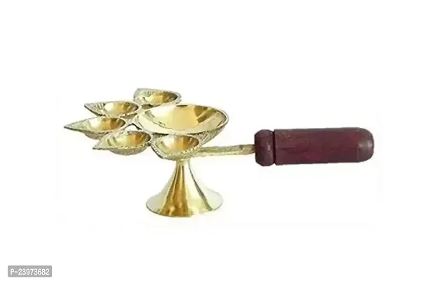 Brass Oil Hindu Puja Camphor Burner Lamp Panch Aarti / 5 Face Aarti Diya with Wooden Handle - Length 6-thumb0