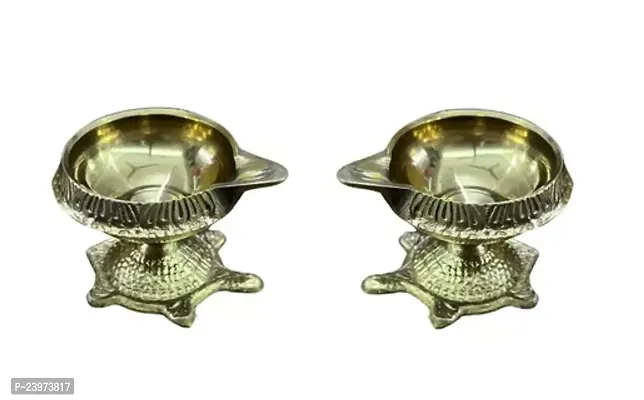 Pure Brass Kuber Deepak On Stand Diyas Oil Lamp Kuber Diya Lamp Engraved Design Dia with Turtle Base Pack of 2 Size 2.5 inch Small-thumb0