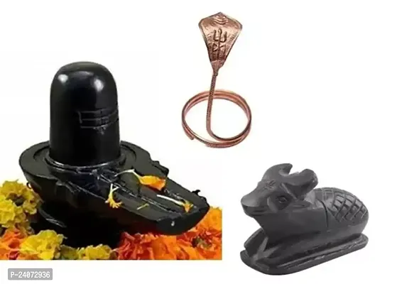 Black Shivlingam With shiv Stone Nandi Bell For Pooja With Lord Shiva Copper Nag / Naag Shivling Snake Pooja Set of 3