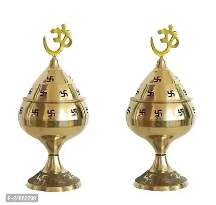 Brass Jali Akhand Jyoti Deep with Stand, Cover  Om Diya/Oil Lamp in 100% Brass for Temple, Home  Office Decor Set of 2 pcs (Small, 4.6inch)-thumb0