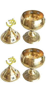 Brass Jali Akhand Jyoti Deep with Stand, Cover  Om Diya/Oil Lamp in 100% Brass for Temple, Home  Office Decor Set of 2 pcs (Small, 4.6inch)-thumb2