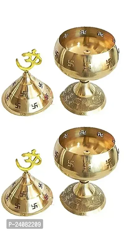 Brass Jali Akhand Jyoti Deep with Stand, Cover  Om Diya/Oil Lamp in 100% Brass for Temple, Home  Office Decor Set of 2 pcs (Small, 4.6inch)-thumb3