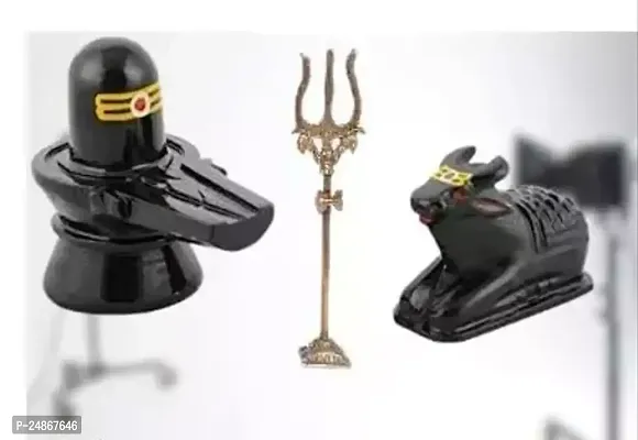 Marble Stone Shivling Nandi with Brass Shiv Trishul for Temple Decorative Showpiece - 7.5cm (Stone, Black)