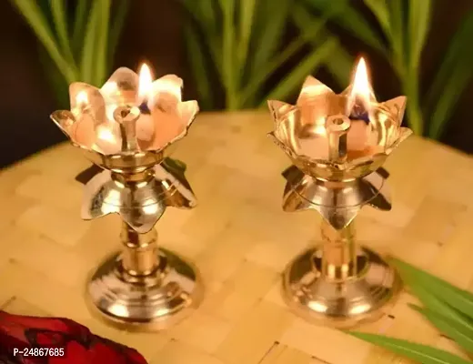 Pure Brass Diya for Puja Temaple Decoration, Lotus Shape Pillar Diya Stand-thumb0