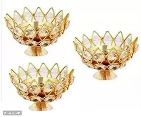 Yellow Brass Crystal Round Small KamalDeep / Jyoti Oil Lamp / Lotus Diya