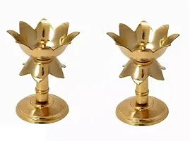 Deacute;cor Gold platted Pure Kamal Brass Table Diya (Set of 2) Diya Stand Oil Lamp-thumb1