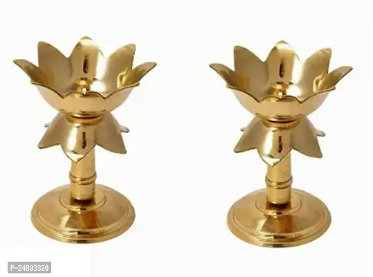 Deacute;cor Gold platted Pure Kamal Brass Table Diya (Set of 2) Diya Stand Oil Lamp-thumb2