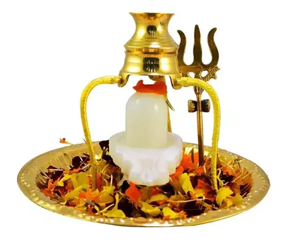 BANSIGOODS White Shivling Shiva Ling/Shivling with Brass Plate, Kalash with Stand/Trishul Brass (1 Pieces, Gold)