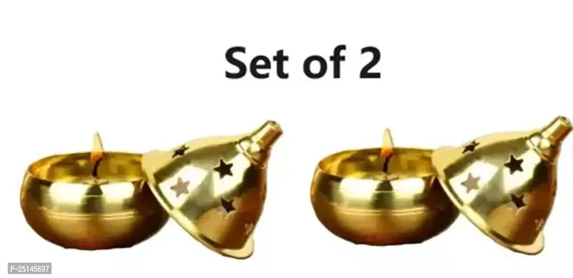 Brass Apple Shape Akhand Diya with Designed Star Holes on Top (7 cm Height) Set of 2 for Diwali-thumb0