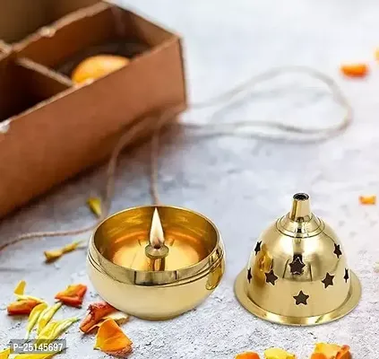 Brass Apple Shape Akhand Diya with Designed Star Holes on Top (7 cm Height) Set of 2 for Diwali-thumb2