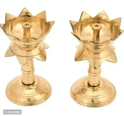 Deacute;cor Gold platted Pure Kamal Brass Table Diya (Set of 2) Diya Stand Oil Lamp-thumb0