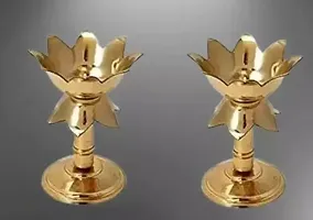 Deacute;cor Gold platted Pure Kamal Brass Table Diya (Set of 2) Diya Stand Oil Lamp-thumb1