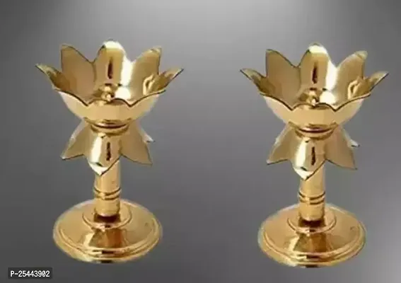 Deacute;cor Gold platted Pure Kamal Brass Table Diya (Set of 2) Diya Stand Oil Lamp-thumb2