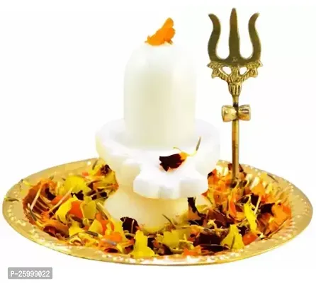 pack of 3 ps Shaligram White Shiva Ling Lingam Statue Hindu Puja Brass Plate with Stand Decorative-thumb0