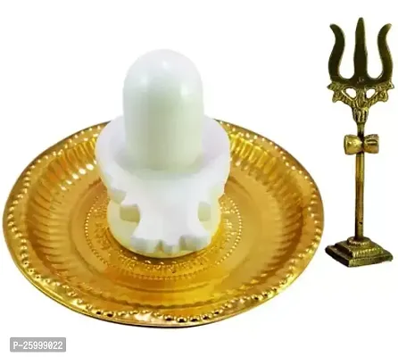 pack of 3 ps Shaligram White Shiva Ling Lingam Statue Hindu Puja Brass Plate with Stand Decorative-thumb2