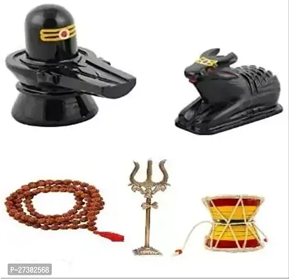 Tika Combo Pack Black Marble Stone Shivling  Nandi with Rudraksha Mala Brass Lord Shiva Trishul and Handcrafted Wooden Shiv Damru for Shivratri Saawan Pooja-thumb0