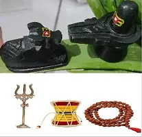 Tika Combo Pack Black Marble Stone Shivling  Nandi with Rudraksha Mala Brass Lord Shiva Trishul and Handcrafted Wooden Shiv Damru for Shivratri Saawan Pooja-thumb1