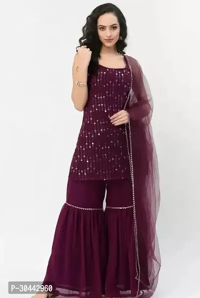 Beautiful Georgette Purple Embroidered Kurta Pant And Dupatta Set For Women-thumb0