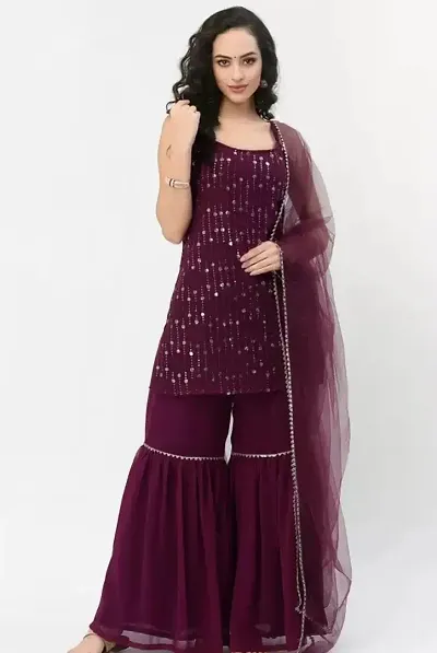 Stylish Georgette Kurta With Bottom And Dupatta Set For Women