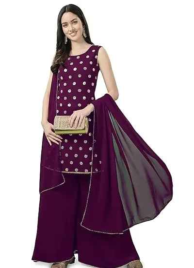 Stylish Georgette Embroidered Kurta With Bottom and Dupatta Set