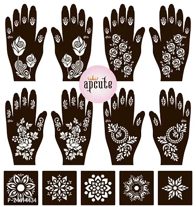 Apcute Henna Stencil for Full Hand Set of 13pc Combo | Temporary Tattoo Mehandi Stencil Stickers for Full Hand for Girls, Women | Easy to use in 4 Steps Design-13pc-174-175-214-215-thumb0