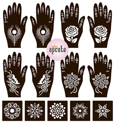 Apcute Mehandi Stencils Design Set of 13pc Combo | Temporary Tattoo Mehandi Stencil Stickers for Full Hand for Girls, Women | Easy to use in 4 Steps Design-13pc-156-157-196-197