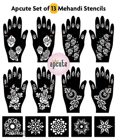 Apcute Henna Stencil for Full Hand Set of 13pc Combo | Temporary Tattoo Mehandi Stencil Stickers for Full Hand for Girls, Women | Easy to use in 4 Steps Design-13pc-174-175-214-215-thumb2